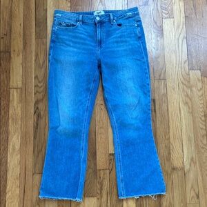 PAIGE Colette Crop Flare Jeans 32 Stretch Light Wash Raw Hem Mid Rise Mini Boot